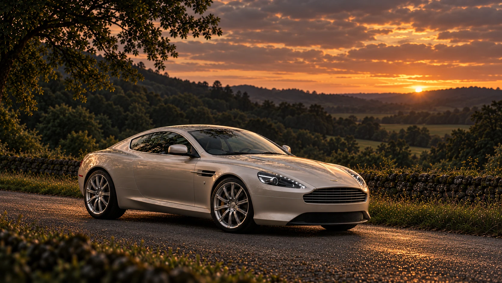 Aston Martin Virage Dragon 88 (2012), AI-generated editorial illustration in front three-quarter view facing right at dusk