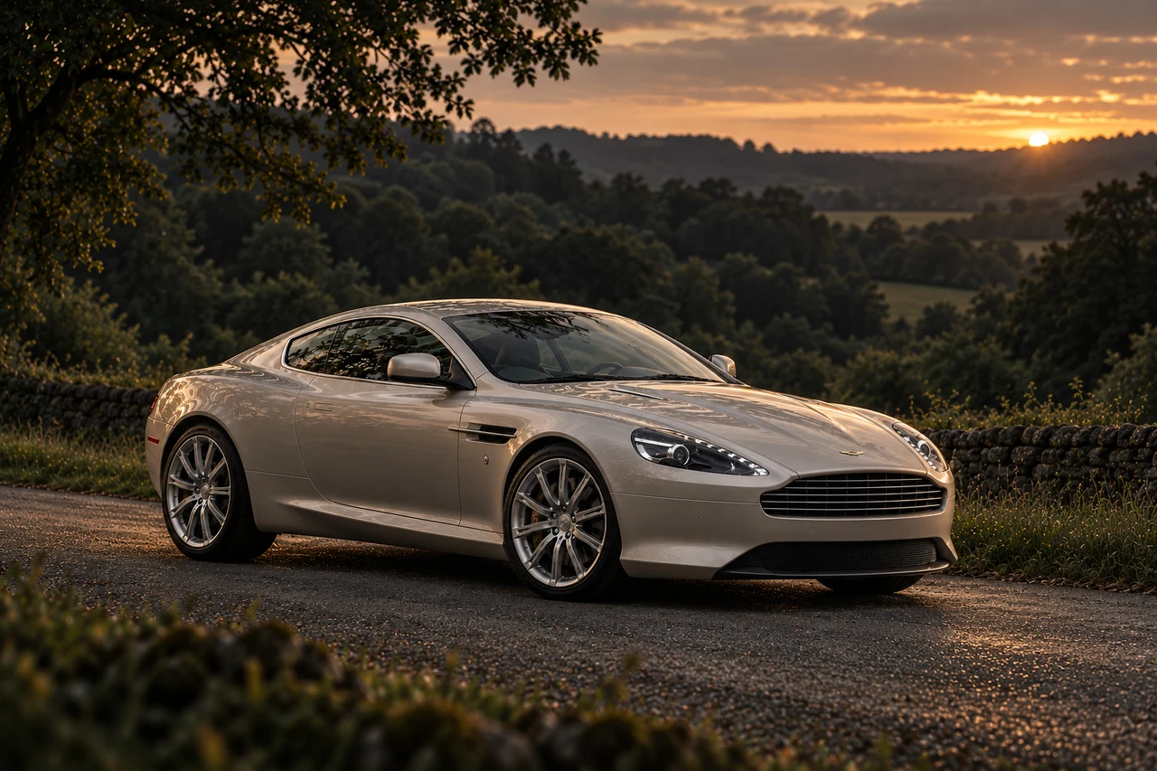 Aston Martin Virage Dragon 88 (2012), AI-generated editorial illustration in front three-quarter view facing right at dusk