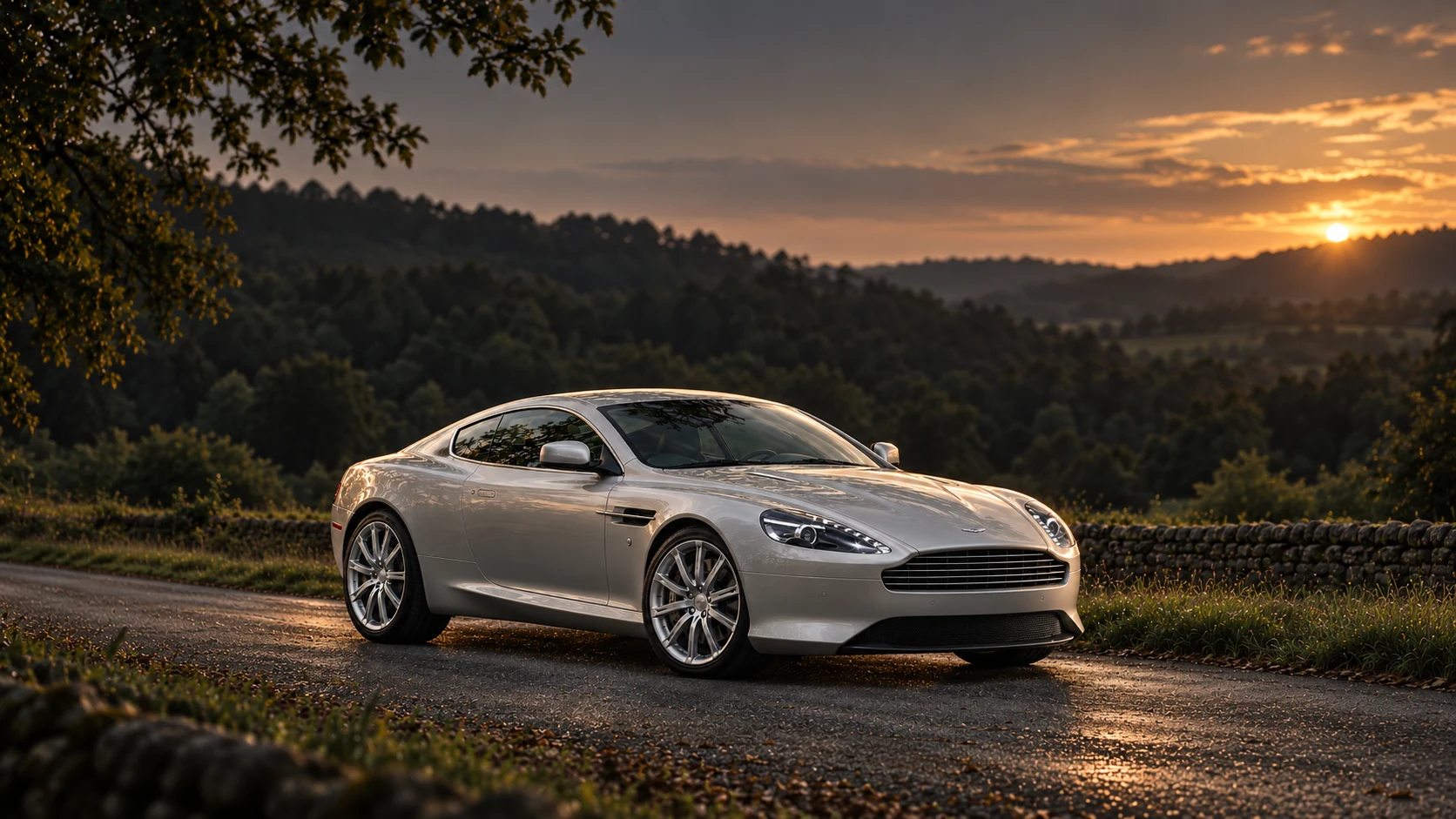 Aston Martin Virage (2011-2012), AI-generated editorial illustration in front three-quarter view facing right at dusk