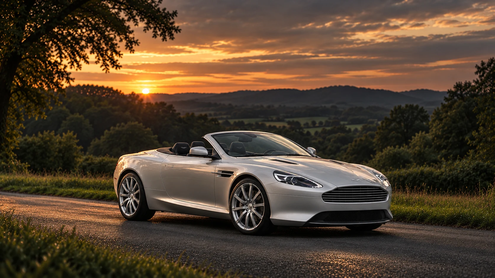 Aston Martin Virage Volante (2011-2012), AI-generated editorial illustration in front three-quarter view facing right at dusk