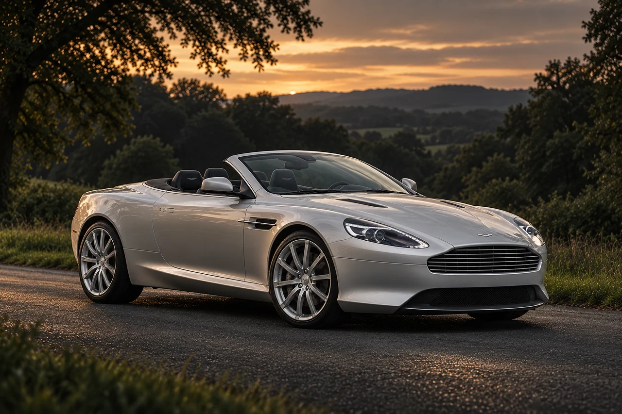 Aston Martin Virage Volante (2011-2012), AI-generated editorial illustration in front three-quarter view facing right at dusk