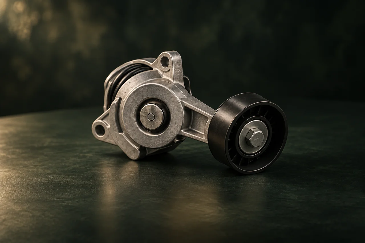 Illustration of auxiliary belt tensioners on a dark forest-green background