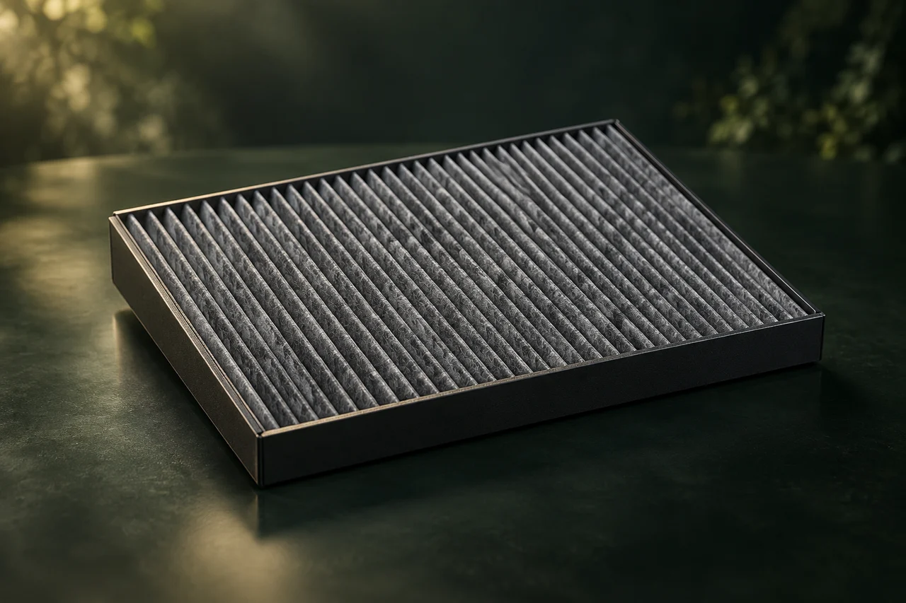 Illustration of cabin filters on a dark forest-green background