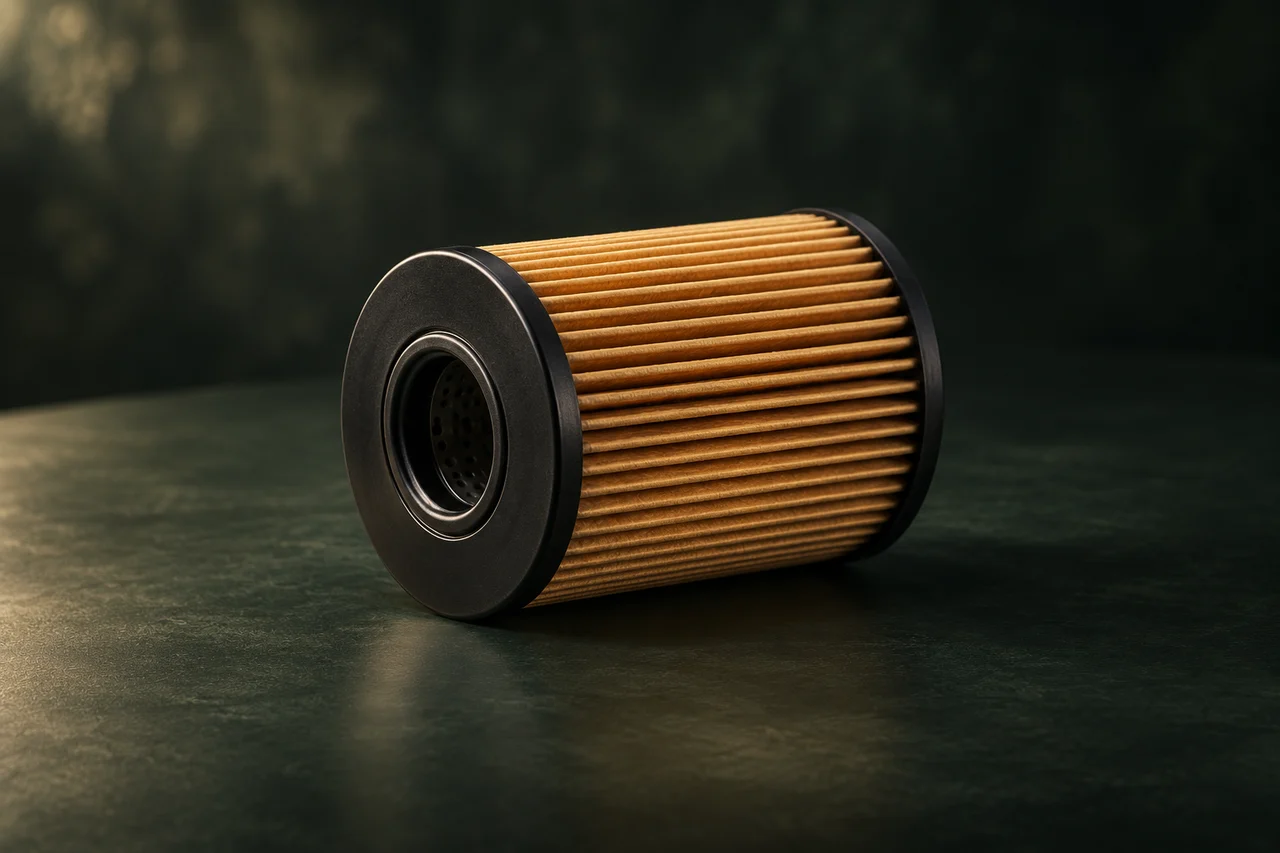 Illustration of oil filters on a dark forest-green background