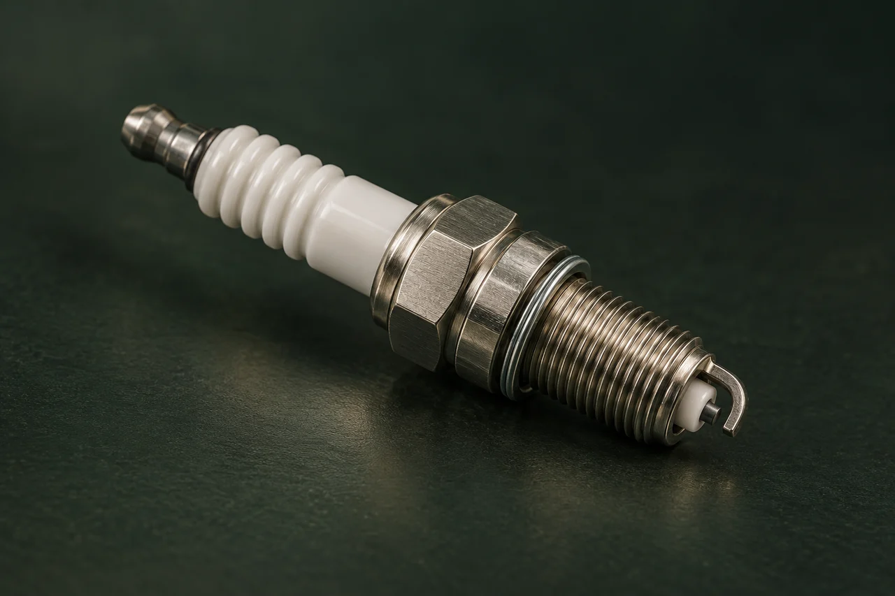 Illustration of spark plugs on a dark forest-green background